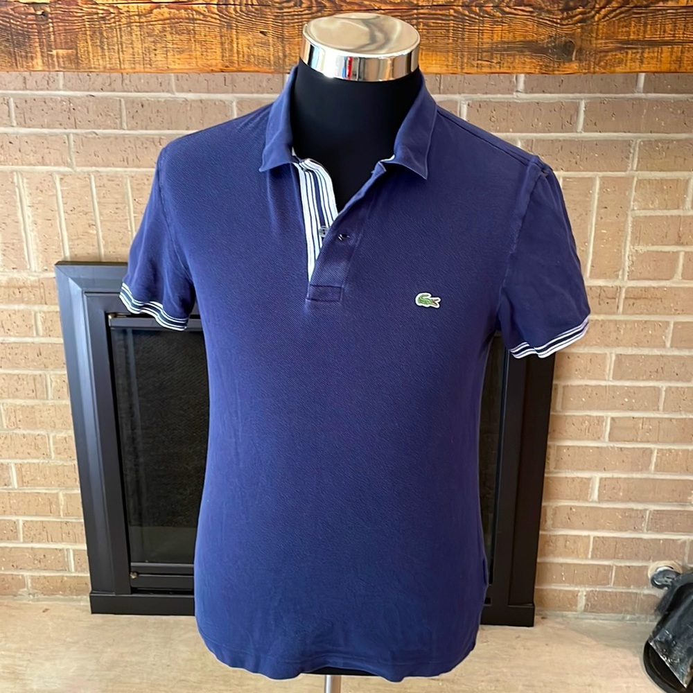 Lacoste mens M Medium dark blue slim fit pique polo shirt EUC